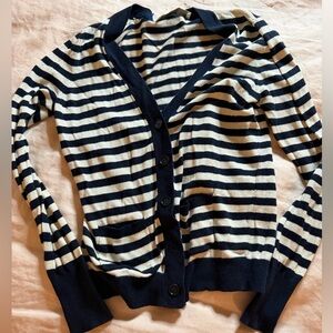 LOFT Navy and Cream Striped Cardigan